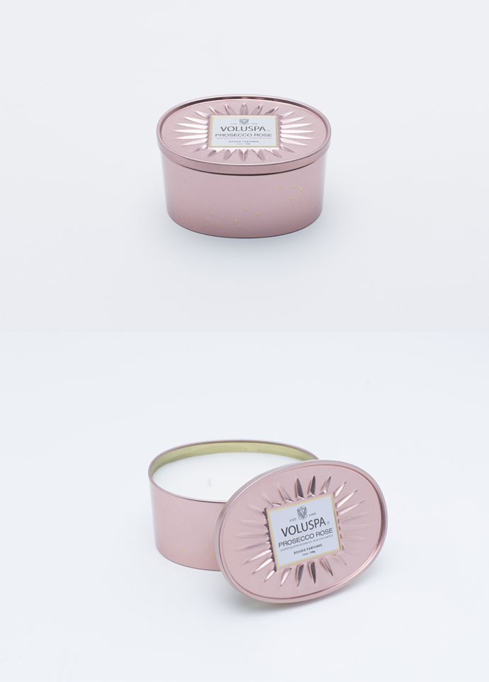 voluspa prosecco rose - 2 wick candle in decorative oval tin